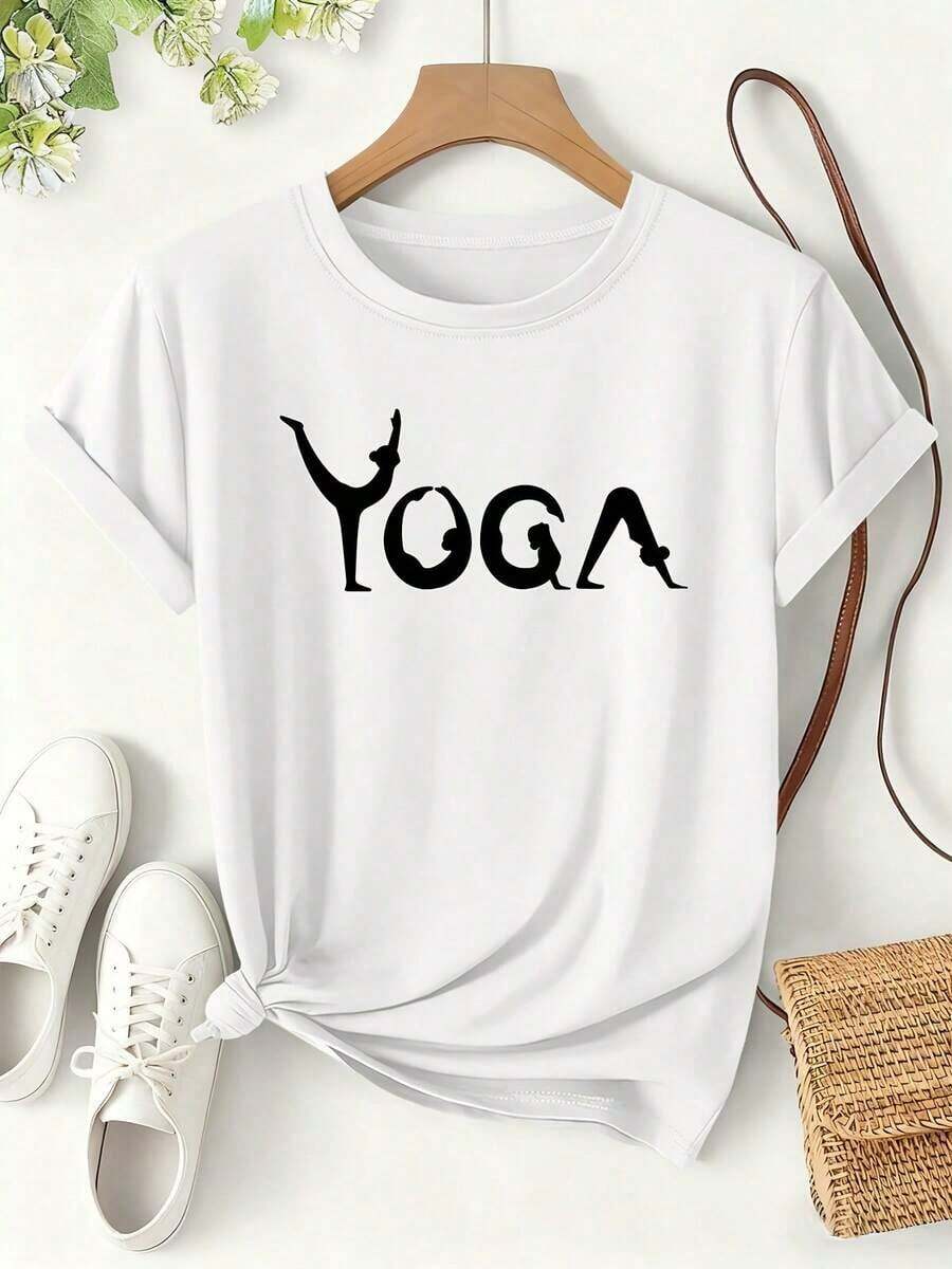 Camiseta de Mujer con Estampado de Letras YOGA, Diseño Simple y Versátil, Estilo Creativo de Primavera/Verano, Manga Corta, Corte Holgado y Estilizador para Uso Diario en Yoga, Ropa de Mujer con Temática Deportiva y Diseño Versátil, Camiseta de Algodón en Promoción Especial. Blusas Bonito 100% Algodón - Blanco - Ver 1
