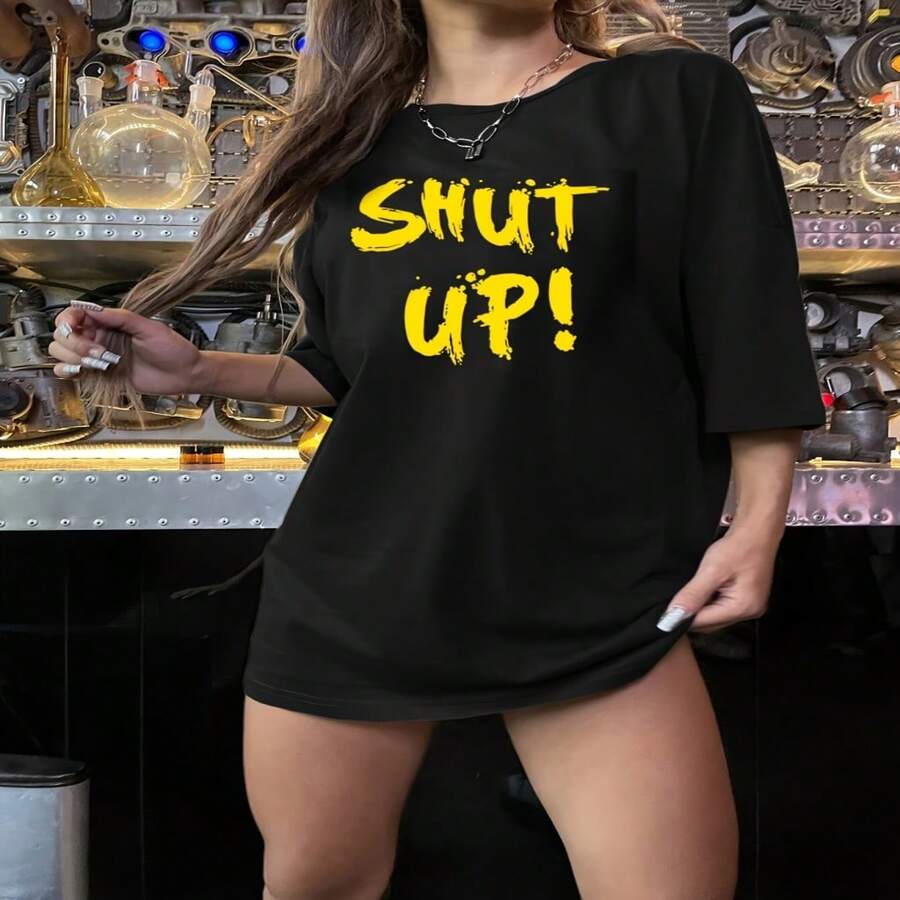 Women's Sexy Casual Cotton Round Neck Short Sleeve T-Shirt with Bold Shut Print - Negro - Ver 1