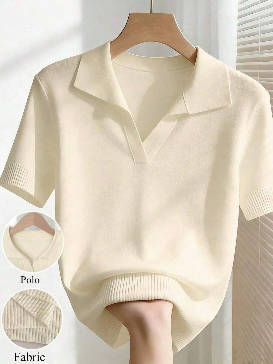 New 2026 Collection: Women's Solid Color Fitted Knit Blouse, Spring/Summer, White, Simple, Casual, With Roll Neck And Raglan Short Sleeves. Solid Color Blouses, Pink Blouses, Baby Pink Blouses. - 淡黃色 - View 1