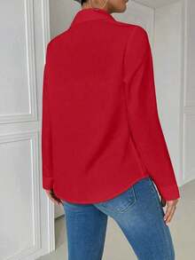 Blusa blanca casual con cuello y bolsillo, de manga larga ajustada para mujeres - Rojo 2 - Ver 2