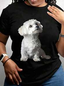 Camiseta con Estampado de Perro Maltés para Mujer - Adorable Diseño de Cachorro Blanco y Gris, Camiseta de Algodón Suave para Amantes de Perros, Camisa Casual con Temática de Mascotas - Negro - Ver 7