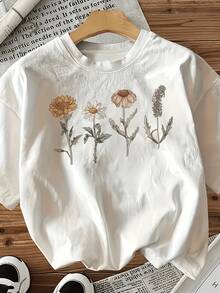 Women's White Short-Sleeved Cotton T-Shirt With Floral Embroidery - Casual Stretch Crew Neck T-Shirt, Machine Washable, For All Seasons. Leisurewear With Elegant Details And Opaque Fabric. - 白色 - 查看 1