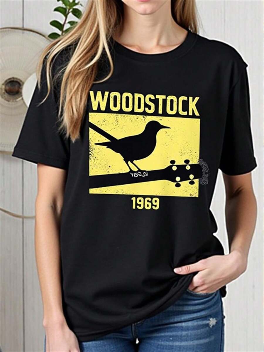1969 Music Festival Bird And Guitar Print T-Shirt, Round Neck And Short Sleeves, Ideal For Parties And Everyday Wear, Perfect For Holidays And Leisure Time, Great For Parties And Family Vacations, Modern Urban Style, Party Outfit, Summer Casual Wear. - 黑色 - 查看 1