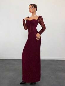Vestido negro ajustado hasta el suelo con cuello corsé ahuecado y mangas largas con encaje en forma de S sexy para mujer para fiestas, citas y banquetes de otoño/invierno nuevo - Burdeos - Ver 4