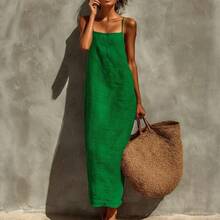 Women's Linen Blend Slip Maxi Dress, Square Neck Sleeveless Casual Dress For Beach & Vacation - 紅色 - 查看 4