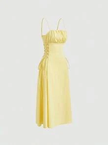 Vestido de tirantes unicolor pecho con fruncido con cordón lateral - Amarillo - Ver 7