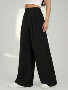Tall Pantalones casuales anchos y sueltos de cintura alta plisados de unicolor para mujeres - Negro - Ver 7