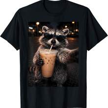 Funny Raccoon Drinking Iced Coffee Animal Meme Men Women T-Shirt - Black - View 1