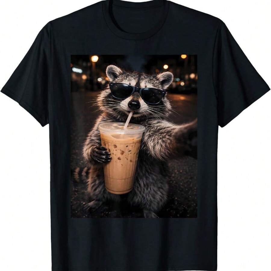Funny Raccoon Drinking Iced Coffee Animal Meme Men Women T-Shirt - Black - View 1