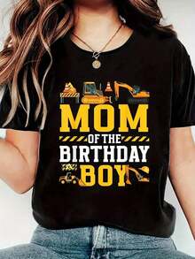 Women's Construction Print Birthday T-Shirt For Mom - Birthday Mom Top, Short Sleeve Round Neck Casual Spring Summer Blouse For Birthday Outfits - 黑色 - 查看 1