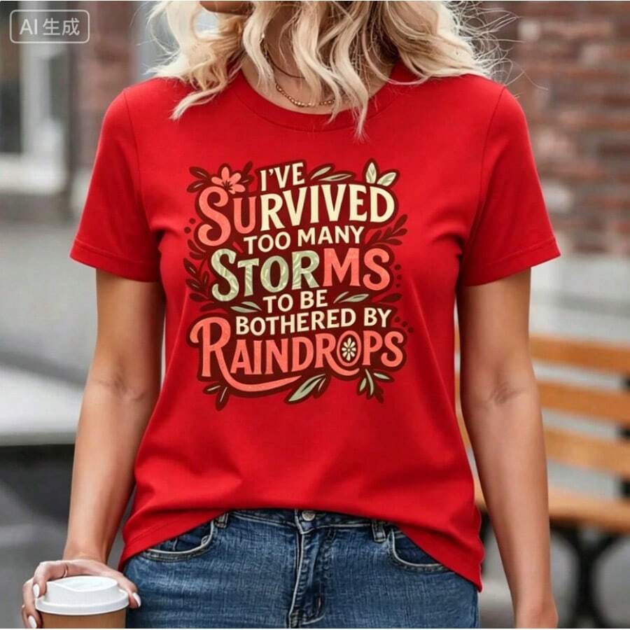 Camiseta gráfica vintage de algodón para mujer de talla grande, con estampado motivacional "He sobrevivido a demasiadas tormentas", cuello redondo, manga corta, corte holgado, tallas grandes, camiseta suave y transpirable para uso diario. - Rojo - Ver 1