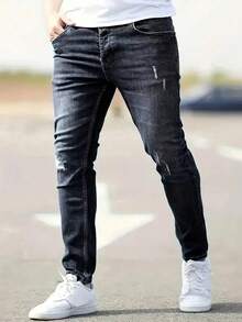 Plus Size Men's Fashionable Distressed Stretch Denim Jeans - Light Grey - View 4