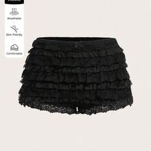 ICON Ladies' Multi-Layer Frill Hem Low-Rise Y2K Concert Going Out White Ruffle Shorts - Negro - Ver 4