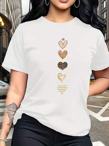 T-Shirt With An Artistic Heart Print Featuring Multiple Designs. Modern And Breathable, Suitable For Family Trips, College Activities, Casual Sports, Daily Commutes, Matching Sister Outfits-A Versatile Tee. E89T - 白色 - 查看 1