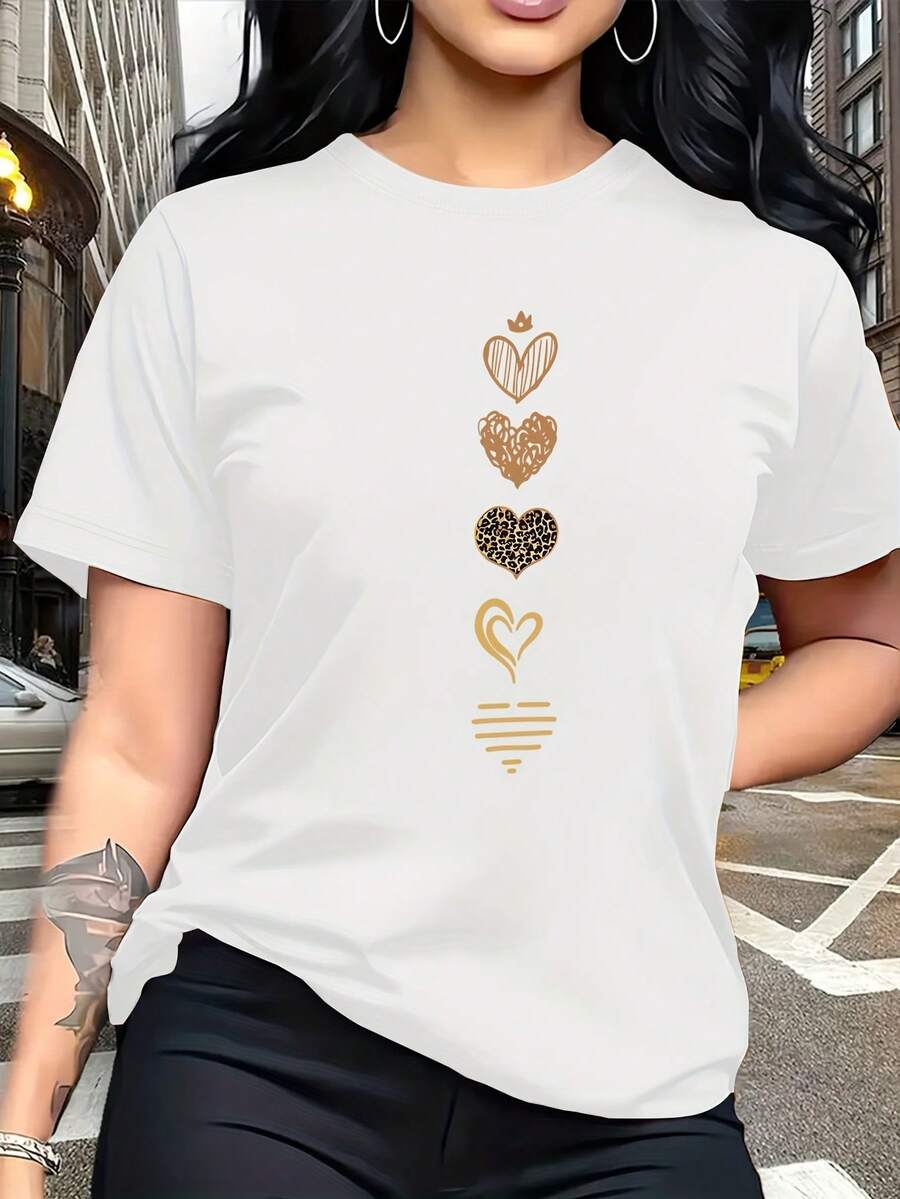 T-Shirt With An Artistic Heart Print Featuring Multiple Designs. Modern And Breathable, Suitable For Family Trips, College Activities, Casual Sports, Daily Commutes, Matching Sister Outfits-A Versatile Tee. E89T - 白色 - 查看 1