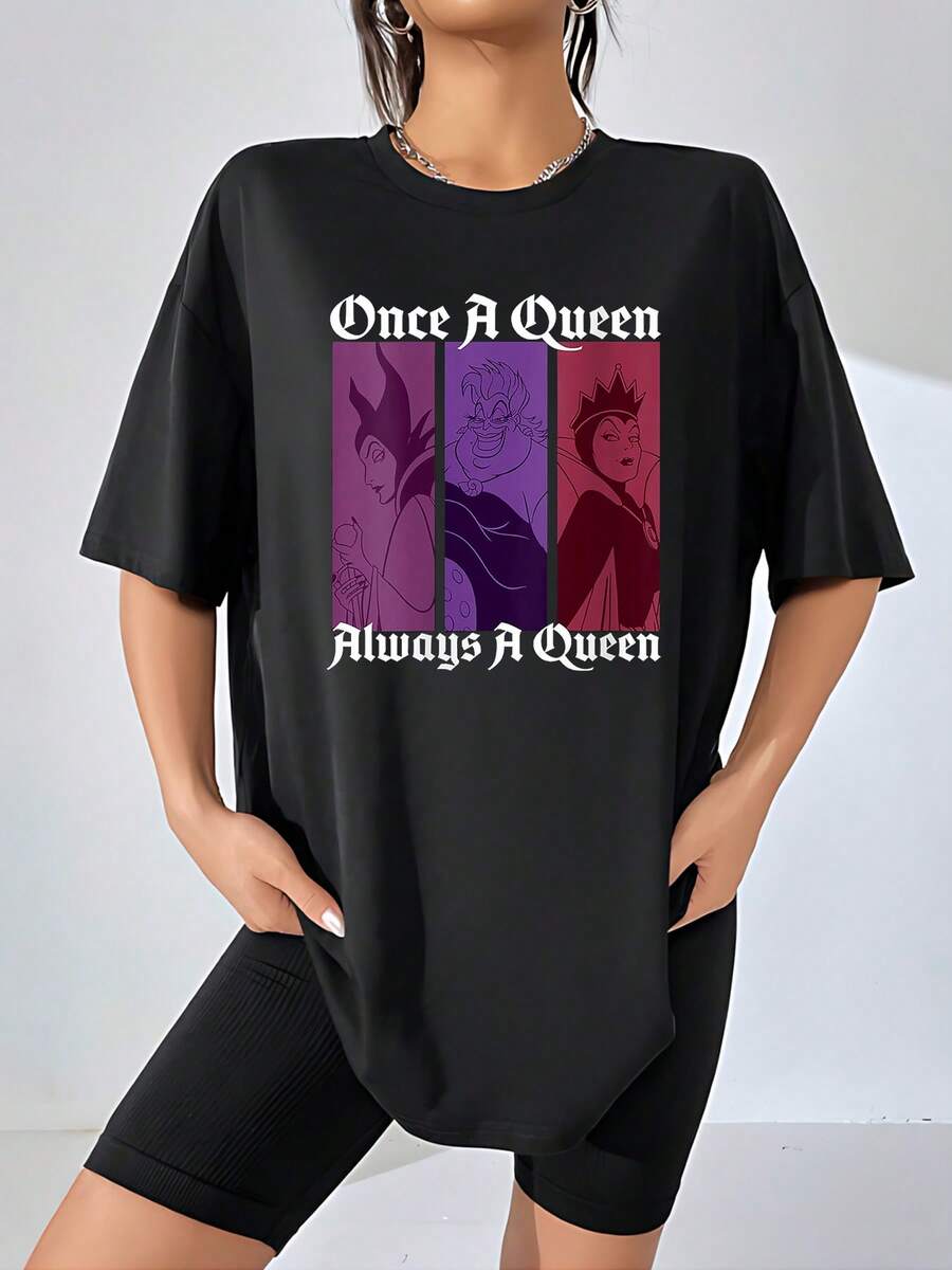 Illustration Showing Three Powerful Queens Symbolizing Strength, Independence, And Elegance With Inspirational Phrases About Female Confidence; Comfortable And Modern Women's T-Shirt - 黑色 - 查看 1