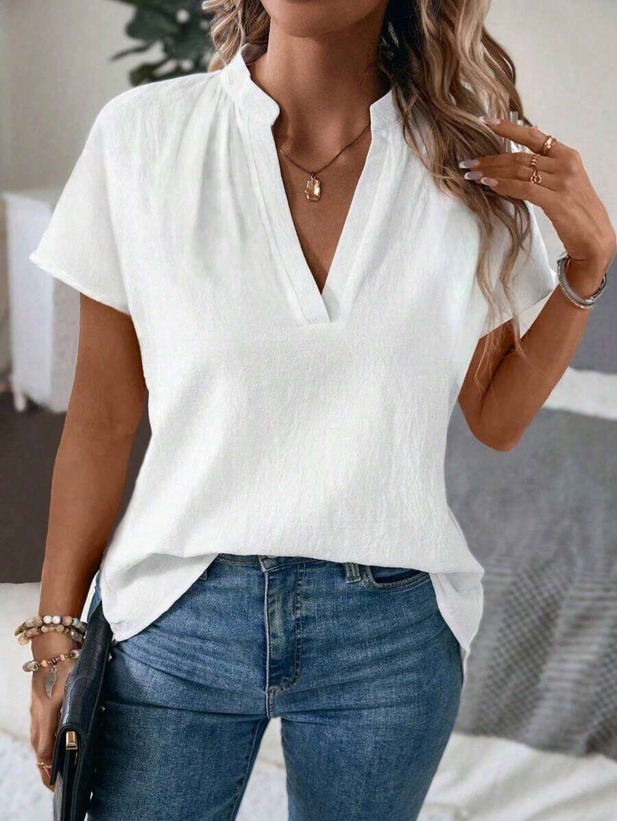 Camisa casual de mujer de unicolor con cuello en V y manga corta - Blanco - Ver 1