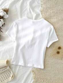 95% algodón. Camiseta corta de manga corta, cuello redondo, ajustada y recortada de unicolor minimalista casual para mujer, vintage, softgirl, elegante. Se puede usar en todas las estaciones, old money, salidas de verano, en casa, vuelta al cole, otoño. - Multicolor 6 - Ver 2