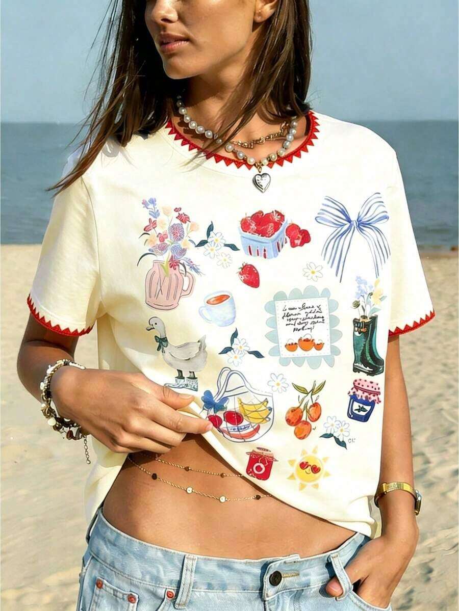 Camiseta casual de mujer con estampado de langosta / Bordado de concha / Casual diario / Verano - Multicolor 6 - Ver 1