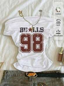 Camiseta de manga corta ajustada con hombros descubiertos y pliegues en la cintura, con estampado de limón, adecuada para el verano - Blanco 2 - Ver 7