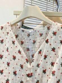 Blusa de mujer con cuello en V de gasa con estampado floral romántico, manga farol, corte holgado y silueta favorecedora, adecuada para uso casual, de calle y de oficina en vacaciones de verano - Rojo - Ver 5