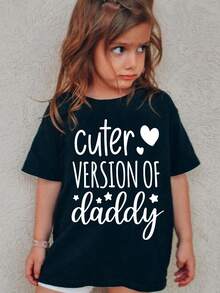 1 pieza de camiseta de manga corta para niñas, estilo veraniego, con elementos de estrellas y corazones, estampado de la linda palabra "Daddy", top casual versátil DX2842180g 100% algodón. - Negro - Ver 6