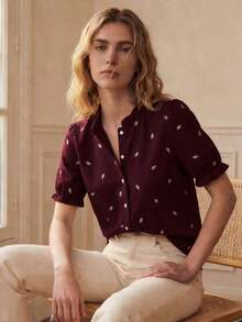 Camisa azul de mujer con cuello con volantes, mangas de pétalos y textura de tela suave, estilo francés casual de vacaciones, primavera/verano - Burdeos 2 - Ver 4