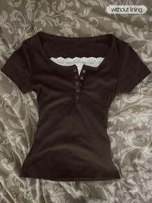 Camiseta de manga corta con cremallera frontal de 2 vías y adorno de encaje para mujer - Multicolor 11 - Ver 1
