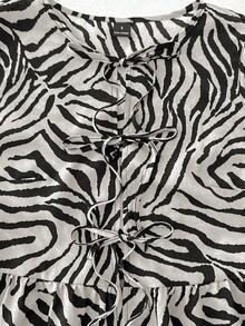 Camiseta de mujer con estampado de rayas de cebra en gasa con bajo de peplum, adecuada para vacaciones de primavera/verano, conjunto casual para mujer, vacaciones de verano, vacaciones de primavera, fiesta, playa, Día de San Valentín - Blanco y Negro 2 - Ver 4