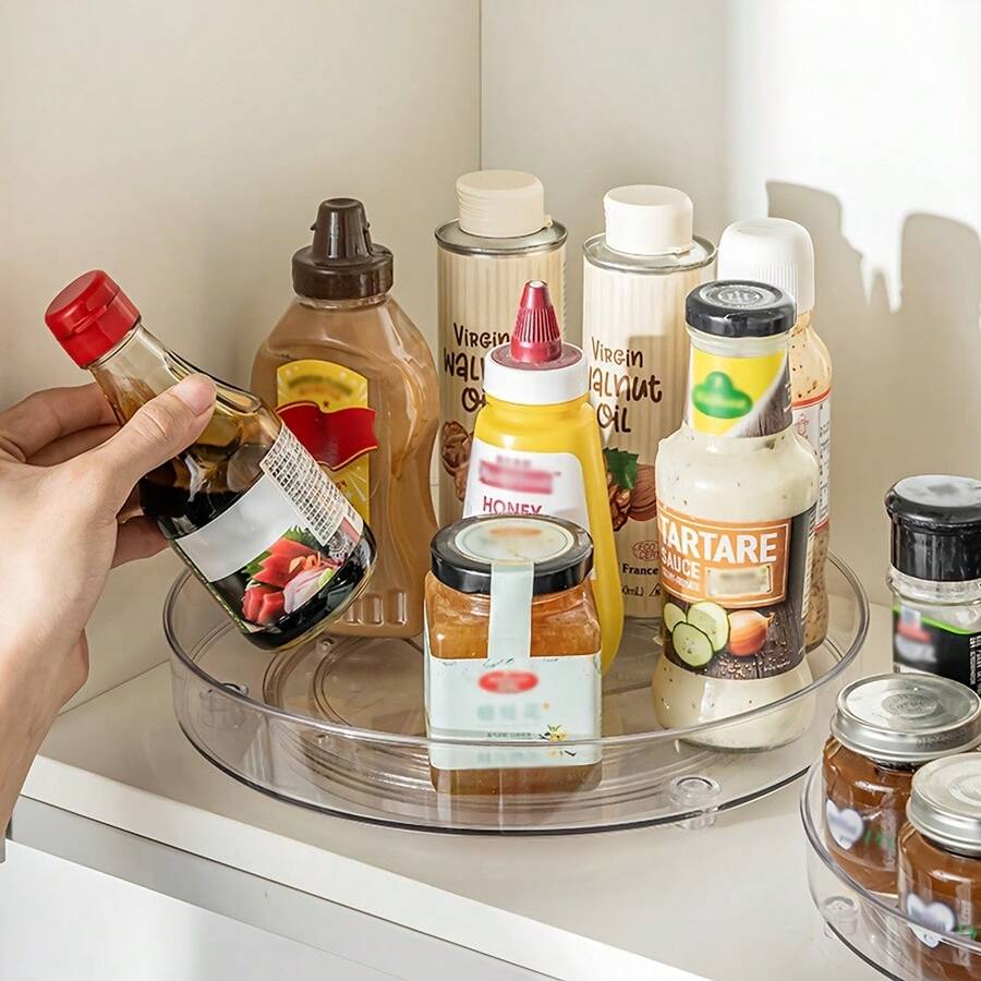 1/2个透明旋转收纳架,360°旋转塑料储物托盘,适用于厨房橱柜、食品储藏室、冰箱、台面、浴室,旋转调料架,可放置调味品、瓶罐、食品容器、化妆品等,防滑 - 透明 - 查看 1