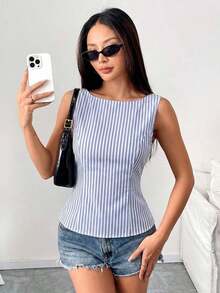 Camisa sin mangas con lazo en la espalda de unicolor, elegante, casual, sexy y minimalista para uso en la oficina y negocios para mujeres, primavera/verano - Azul y blanco - Ver 7