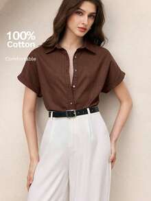 Nueva llegada Camisa casual de manga corta con botones delanteros de unicolor, adecuada para uso diario, primavera/verano - Café integral - Ver 2