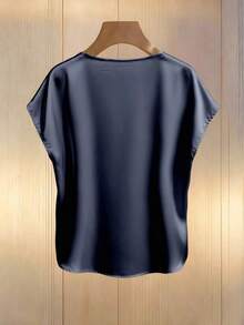 Blusa elegante de mujer con mangas de murciélago en color champán, cuello redondo decorado con perlas y manga corta, de tela de satén, adecuada para ir a trabajar y uso diario elegante - azul real - Ver 2
