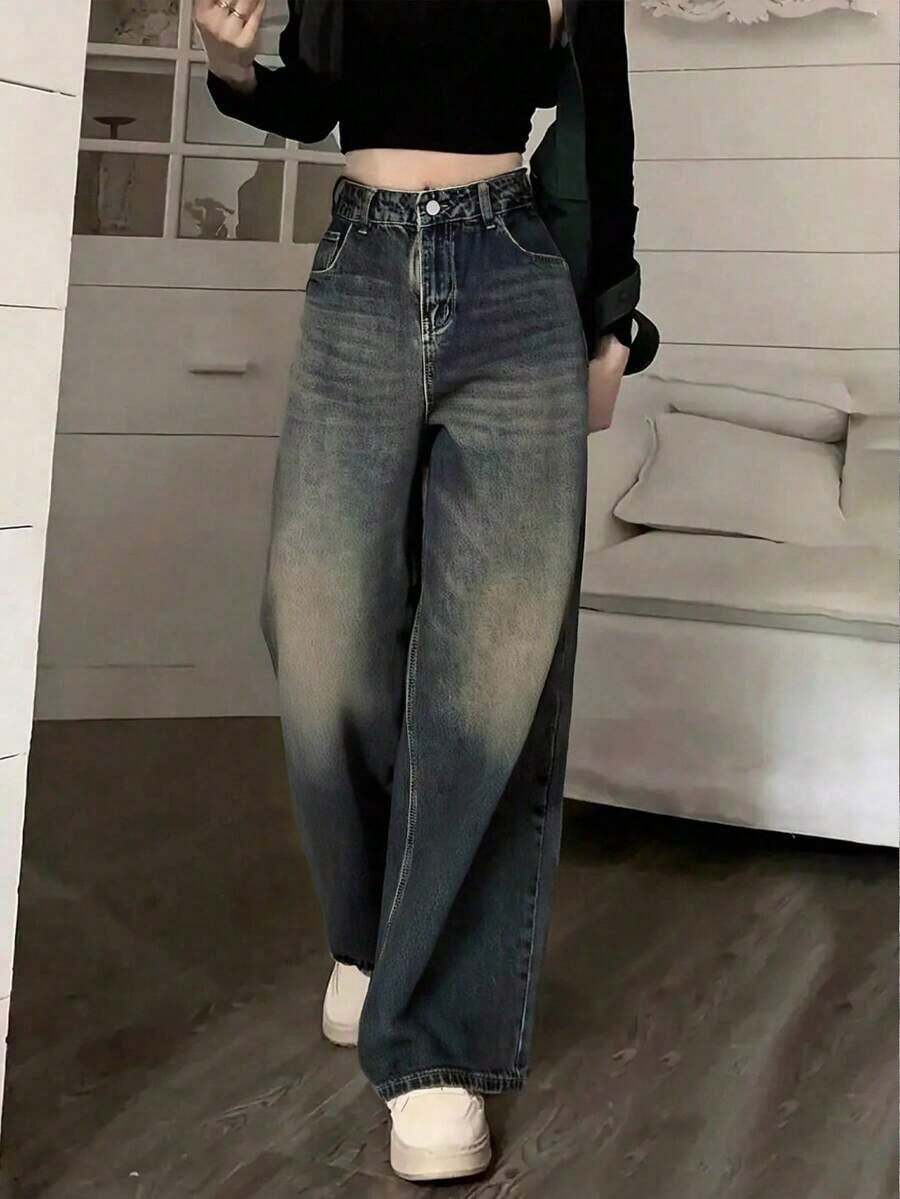 Jeans informales de pierna ancha con bolsillos para adolescentes - Agua verde azul - Ver 1
