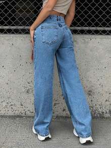Jeans de unicolor versátiles y casuales para adolescentes/mujeres jóvenes - Azul lavado medio - Ver 2