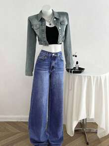 Jeans sencillos de uso diario con estampado de bigotes de gato para niñas adolescentes - Azul lavado oscuro - Ver 5