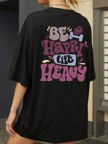 Women's Casual Knitted Off-Shoulder Short Sleeve Crew Neck T-Shirt With 'Be Happy Lift Heavy' Graphic Print G61I - 黑色 - 查看 2