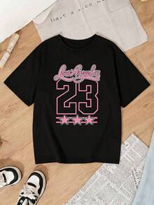 Women's Casual Short Sleeve Round Neck Drop Shoulder Black Knit Graphic T-Shirt With Los Angeles 23 Print HNUI - 黑色 - 查看 4