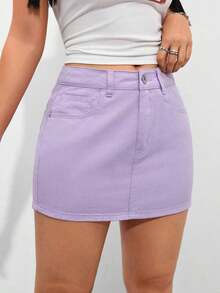 Minifalda vaquera casual de uso diario para mujer con bolsillos y botones - Morado - Ver 7