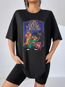 El estampado muestra a un valiente ratón detective acompañado de divertidos amigos en una aventura misteriosa llena de ingenio y amistad inspirando curiosidad y alegría con colores vivos y detalles encantadores camiseta de mujer  casual cómoda para uso diario - Negro - Ver 6