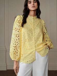 Nueva llegada Blusa de manga larga con bordado, estilo francés casual, con pliegues y calados en la parte delantera - Amarillo - Ver 4