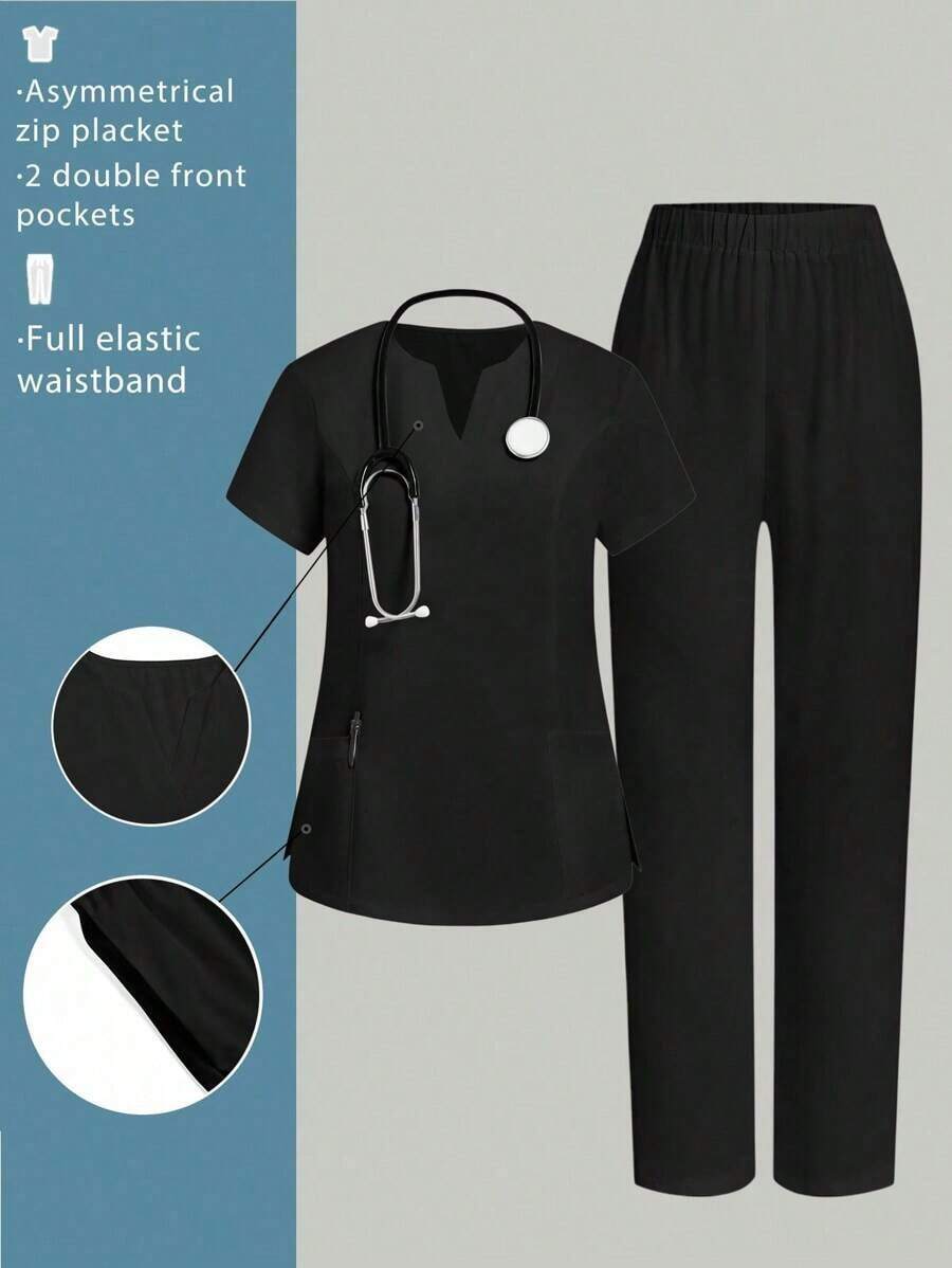 Conjunto de uniforme de enfermera con cuello en V, manga corta y bolsillo lateral con abertura, color azul claro, pantalón informal, conjunto de uniforme de enfermera, para primavera/verano - Negro - Ver 1