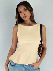1 pieza Blusa de punto con volantes en el bajo, Uso casual de verano en color rosa - Albaricoque 2 - Ver 1