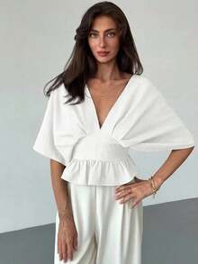 Blusa de manga de murciélago de unicolor elegante para mujer, de verano - Blanco - Ver 4