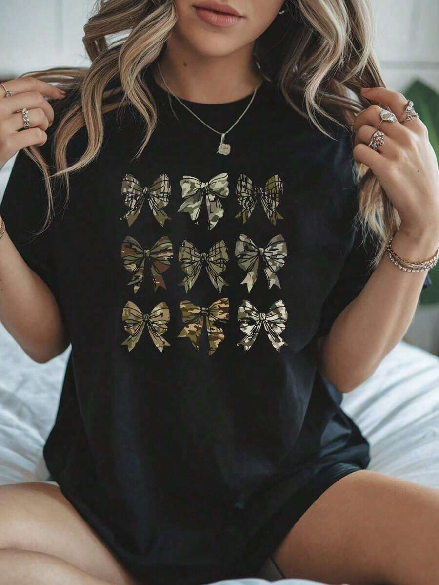 Women's Camouflage Bow Print T-Shirt, 220g Heavyweight Pure Cotton Crew Neck Casual Tee (1 Piece). Loose Fit, Casual, And Versatile Y2k Style T-Shirt. - 黑色 - 查看 1