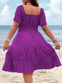 Clasi Vestido corto de manga corta en color burdeos de uso diario, sencillo y liso para mujeres de talla grande - Morado - Ver 2