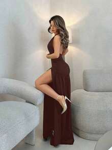 Elegante vestido largo y sexy con escote en V profundo, cuello halter, abertura alta y corte evasé, vestido largo y sexy color negro - Marrón 2 - Ver 5