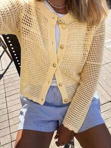 Nuevo cárdigan de punto para mujer de primavera/verano, estilo minimalista casual, cuello redondo de manga larga, diseño de botones de seta, cárdigan abierto amarillo, adecuado para uso casual diario, ir al trabajo, salir, citas de vacaciones - Amarillo Mostaza - Ver 6