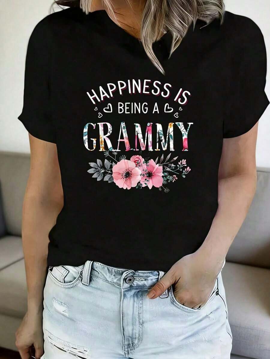 Happiness Is Getting A Plus Size Women's T-Shirt, Grammy Award Winner, Mother's Day Edition, 1 Piece Pack, Short Sleeve T-Shirt With Oversized Print, Innovative Design, Casual Round Neck Top. - 黑色 - 查看 1