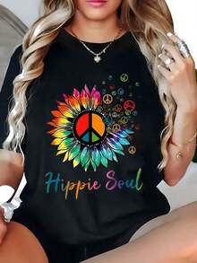Camiseta Fresca de Verano para Mujer, Estilo Casual Hippie, Camiseta con Estampado Gráfico, Manga Corta, Cuello Redondo, Top Casual, Poliéster, Para Todas las Temporadas, Tejido Elástico, Patrón Geométrico, Moda de Verano y Primavera - Negro - Ver 8